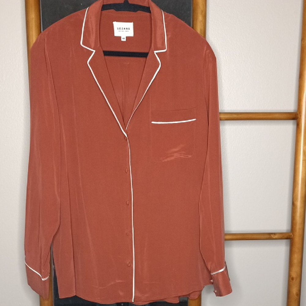 Sezane Size 42 US 10 Elisa Silk Blouse Shirt in Rosewood Peach with White Trim
